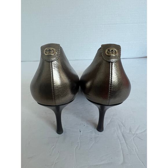 GUCCI Leather Champagne Gold Round Toe Black Low Heel Pump Shoes Size 8 Narrow - Picture 8 of 12